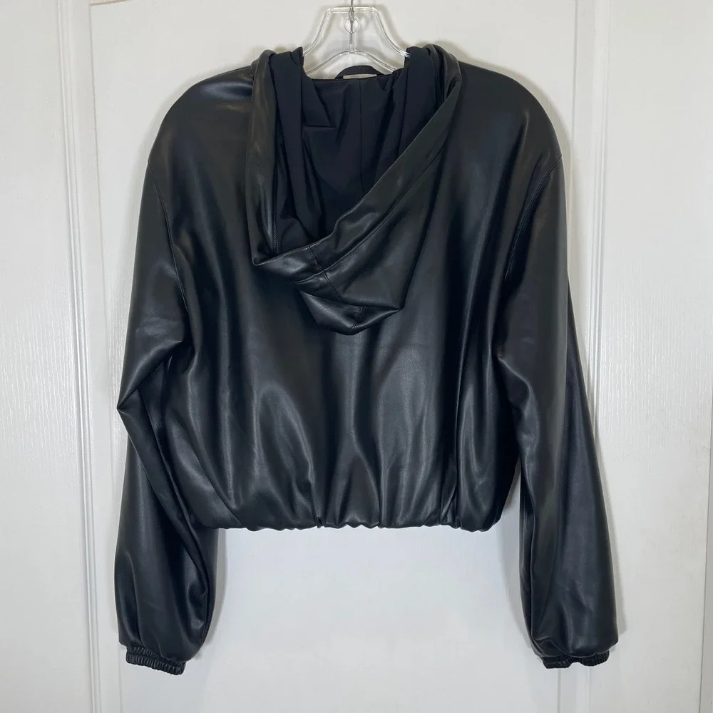 Alo Yoga Faux Leather Bomber Jacket Full Zip Cropped Hooded Black Sporty XS